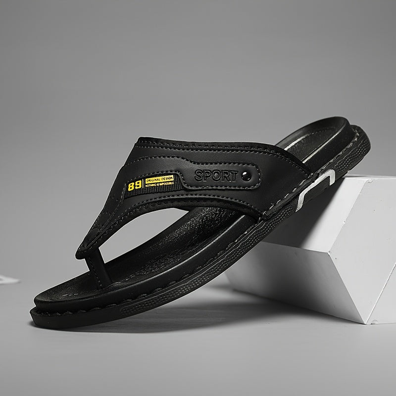 Polished men's non-slip thong sandals, black for stylish summer outings and comfortable beach walks.