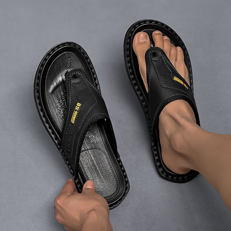 Men's black thong slides, polished and non-slip, essential comfortable summer shoes for casual wear.