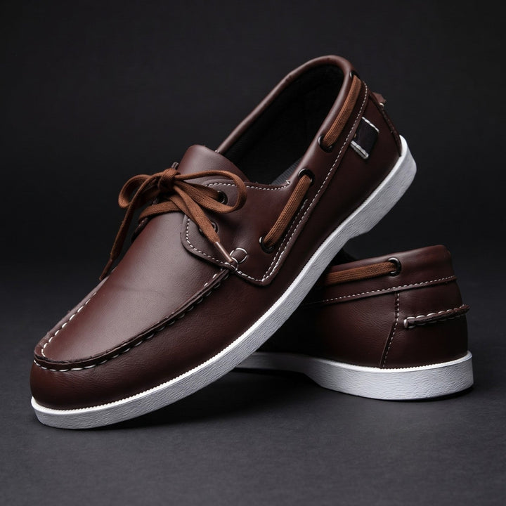 Casual men's two-tone slip-on boat shoes. Lightweight design for everyday summer wear & comfort.