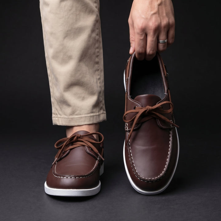 Men's nautical two-tone boat shoes. Lightweight & comfortable, ideal for casual summer adventures.