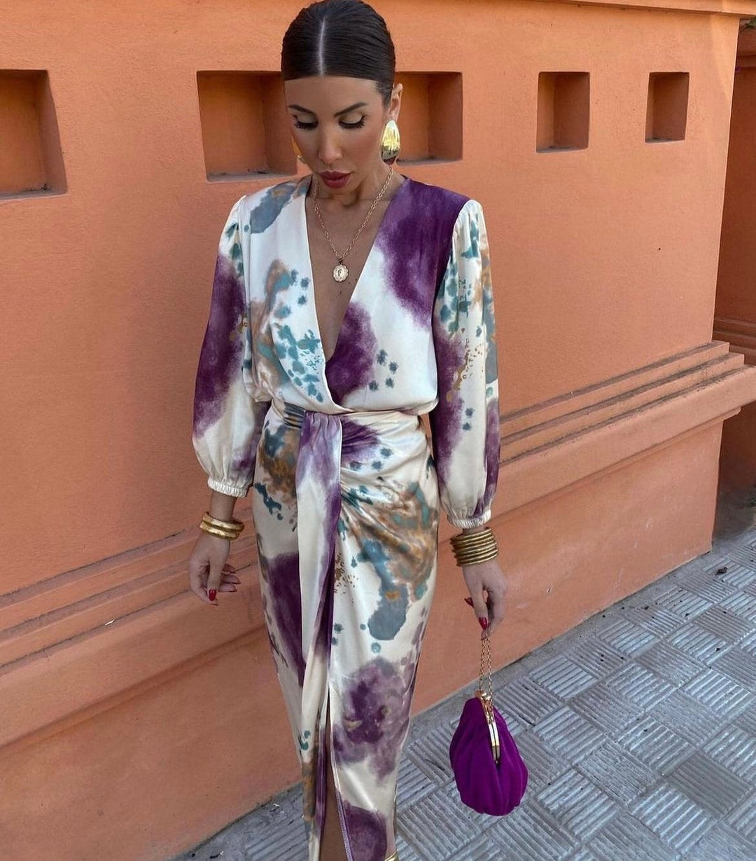 Flowing V-neck wrap midi dress for women, with an elegant belt. Great for summer parties & special occasions.