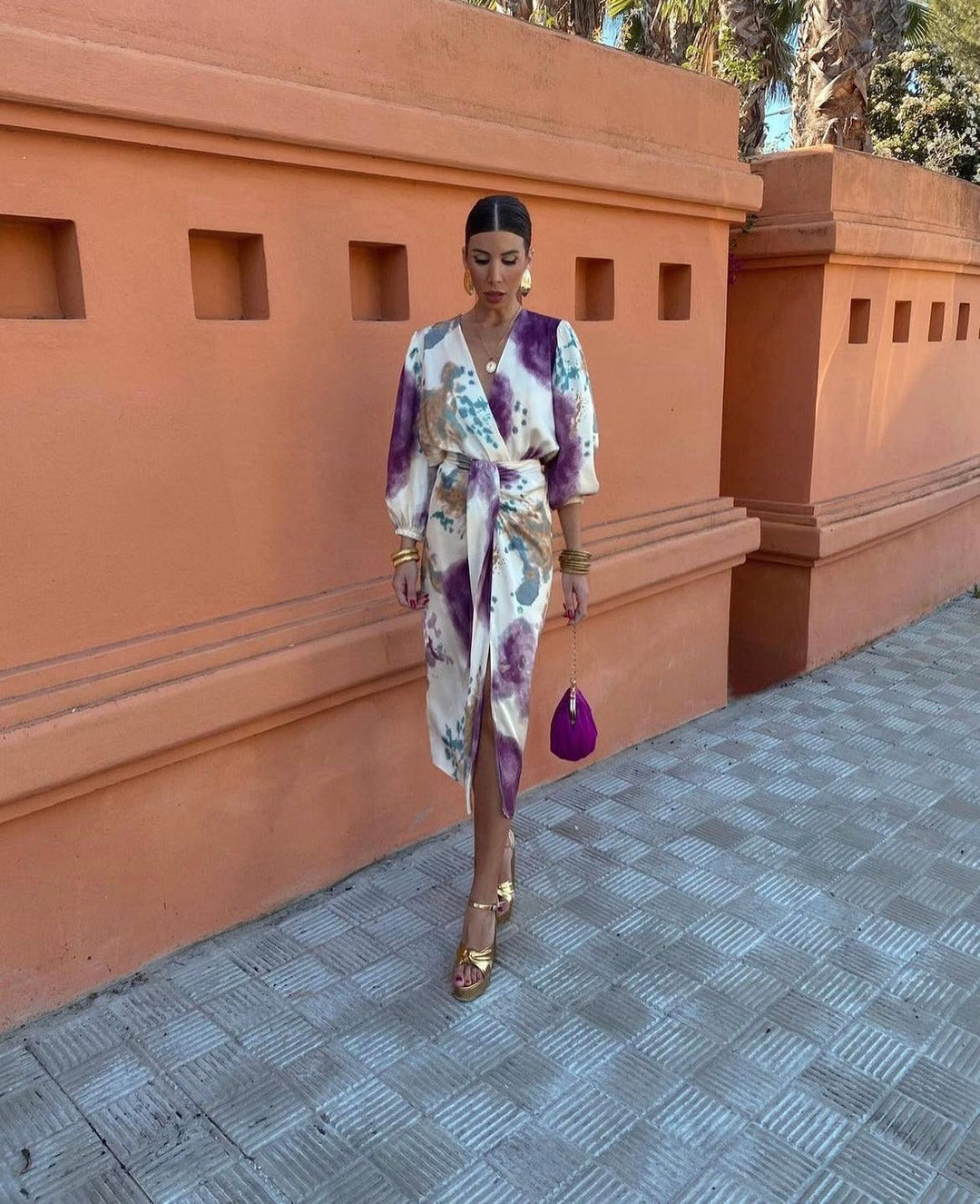 Flattering elegant belted wrap midi dress for women, featuring a sophisticated V-neck. Perfect for any occasion.