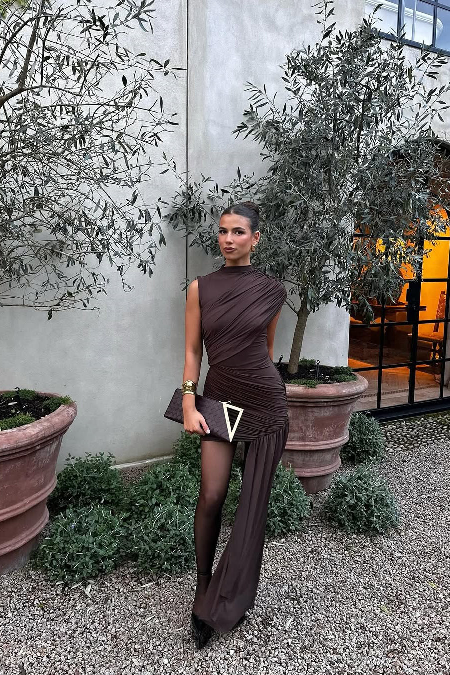 Shop this sophisticated chocolate brown ruched party dress for women's evening wear.