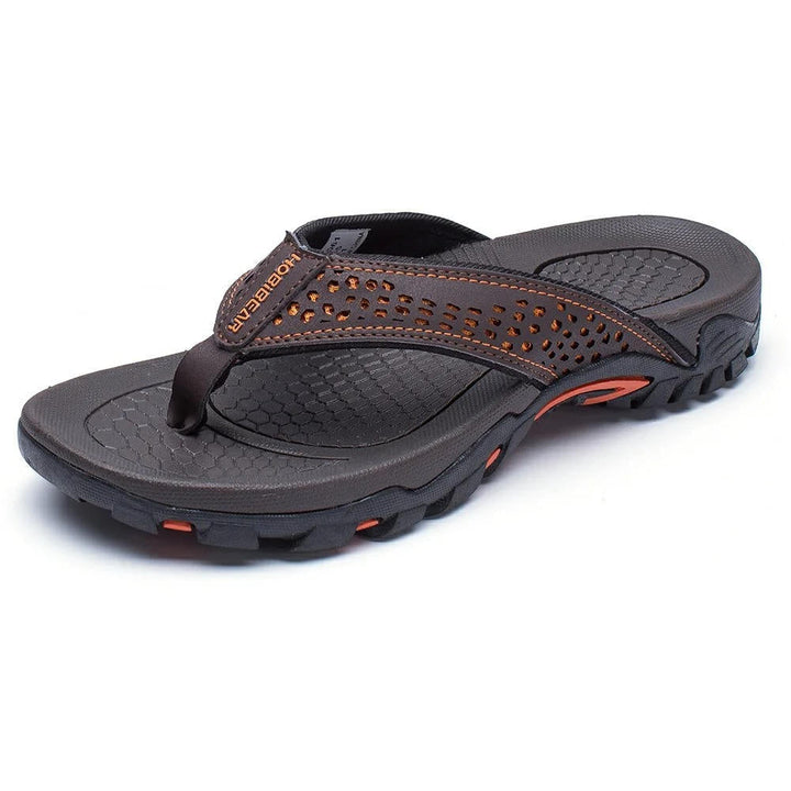 Men's athletic flip flops with arch support, perfect for comfortable summer wear, beach, or casual outdoor activities.