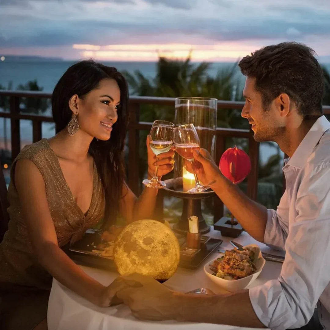 Chic floating moon lamp, a unique LED night light for modern bedroom or living room decor. Creates calming ambient lighting.