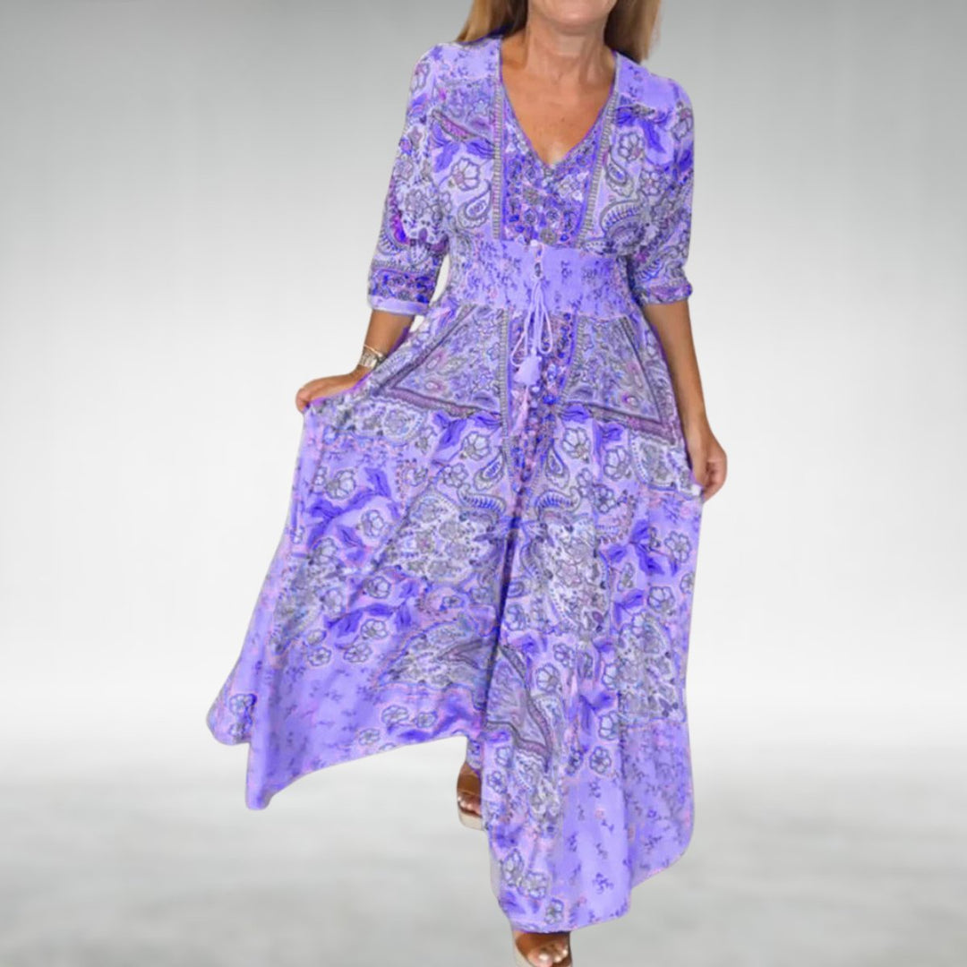 Chic women's paisley V-neck boho maxi dress, perfect for summer vacations & elegant casual wear.