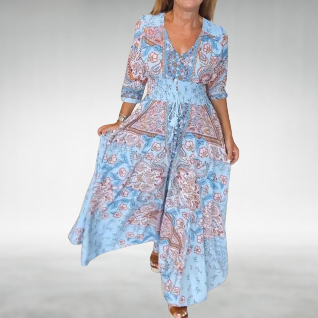 Elegant women's V-neck maxi dress, featuring a unique paisley print, perfect for parties & vacation style.