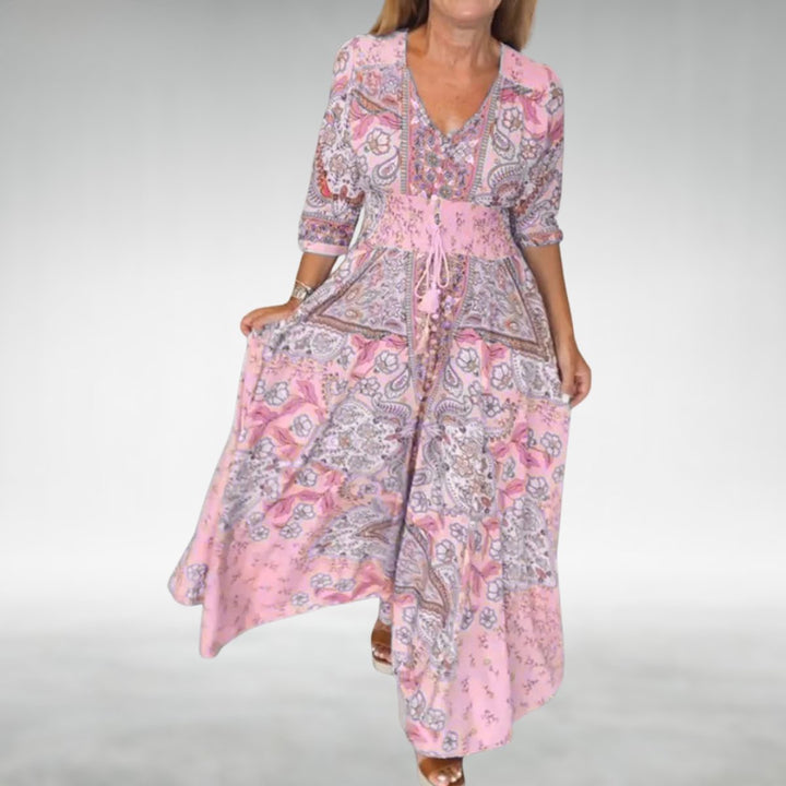 Women's boho maxi dress with a flattering V-neck, chic paisley print & comfortable flowy design.