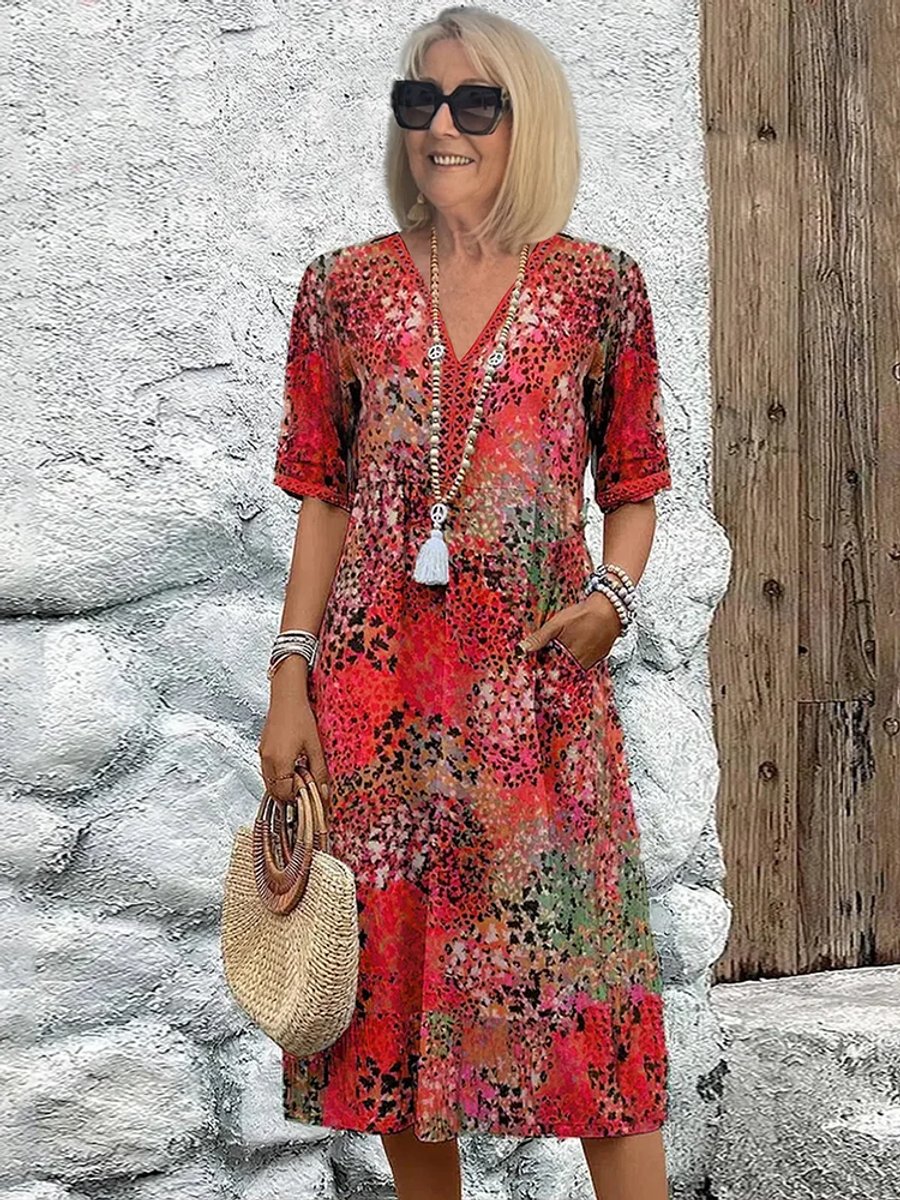 Women's polished floral V-neck midi casual dress, perfect for summer, spring brunch, or vacation.