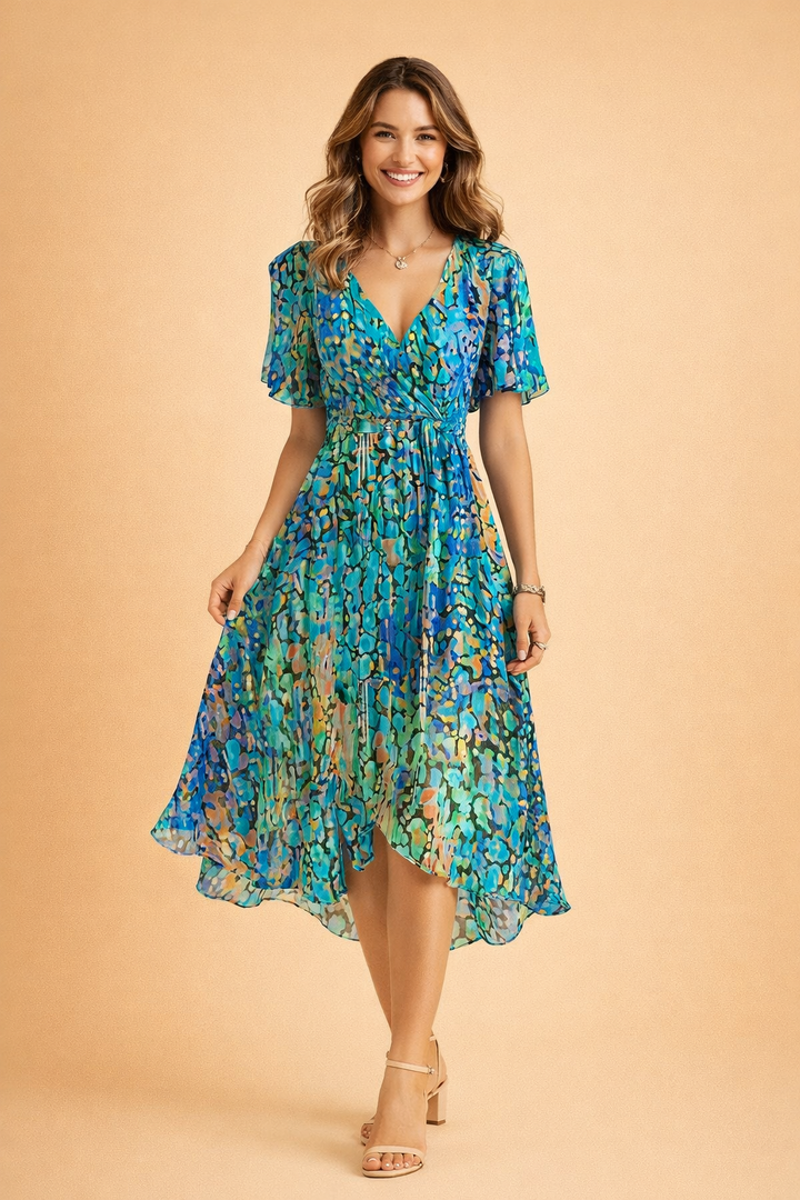 Women's elegant floral print wrap midi dress, perfect for summer occasions, races, or garden parties.