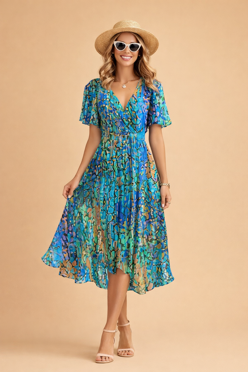 Flowy women's floral wrap midi dress with V-neck, ideal for elegant daytime formal events & garden parties.