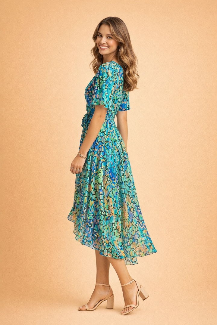 Chic women's floral print midi wrap dress, a beautiful occasion dress suitable for races & summer events.
