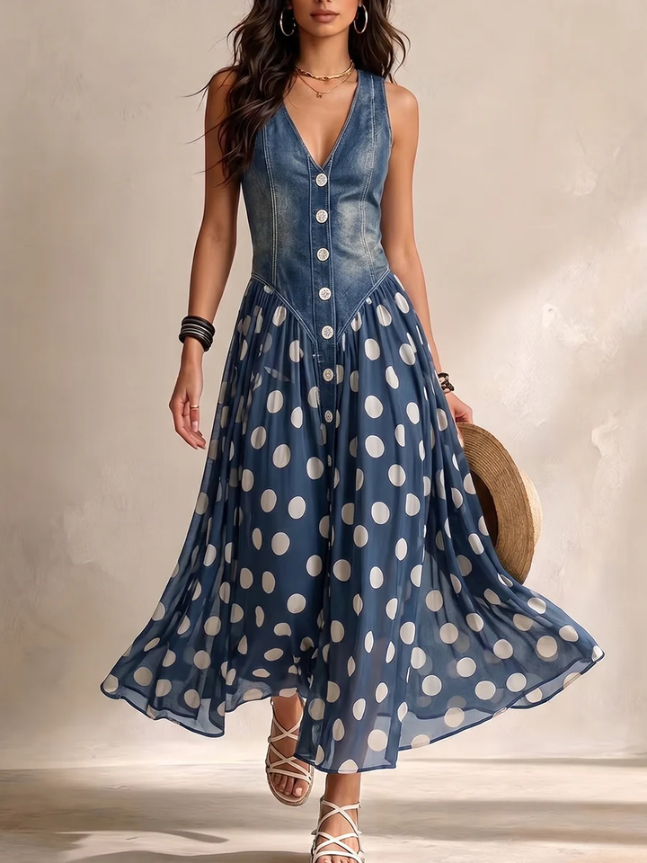 Women's blue denim polka dot maxi dress, perfect for casual summer or spring style. Effortless sleeveless design.