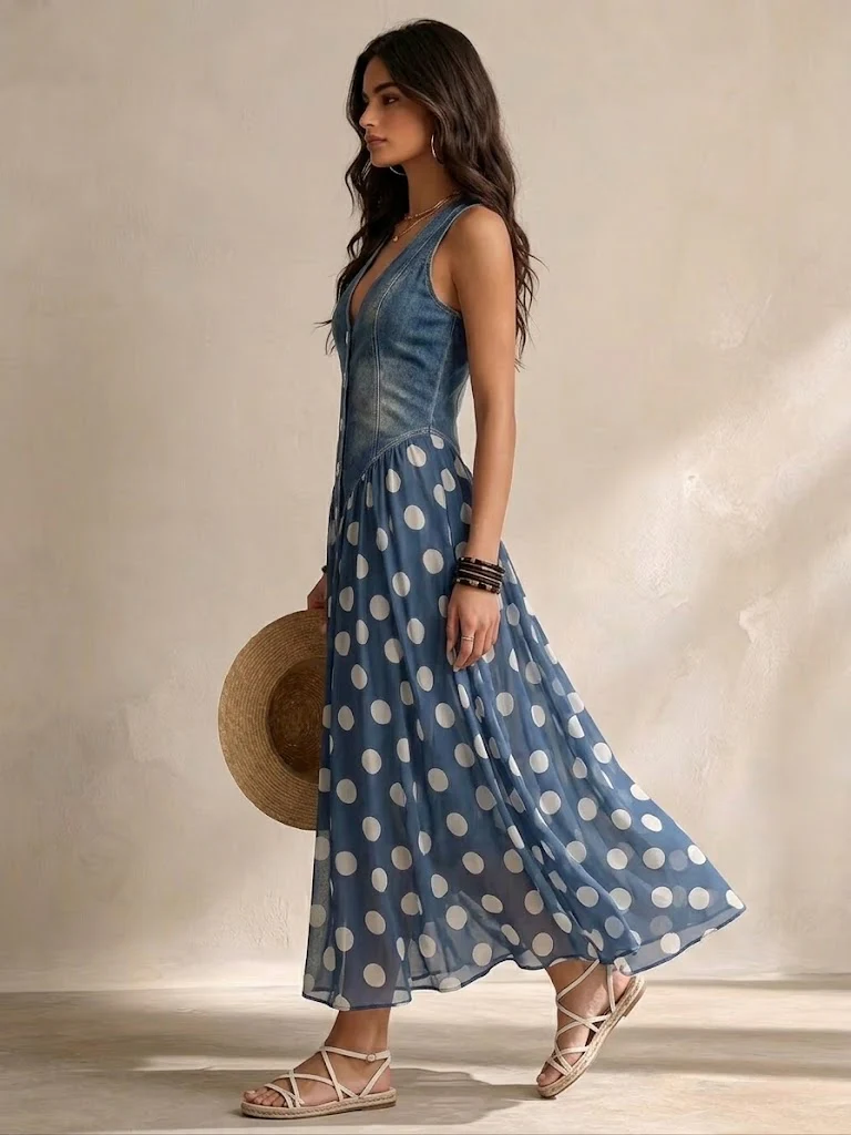 Chic women's polka dot denim maxi dress with a stylish button-front. Ideal elegant casual day dress for spring/summer.