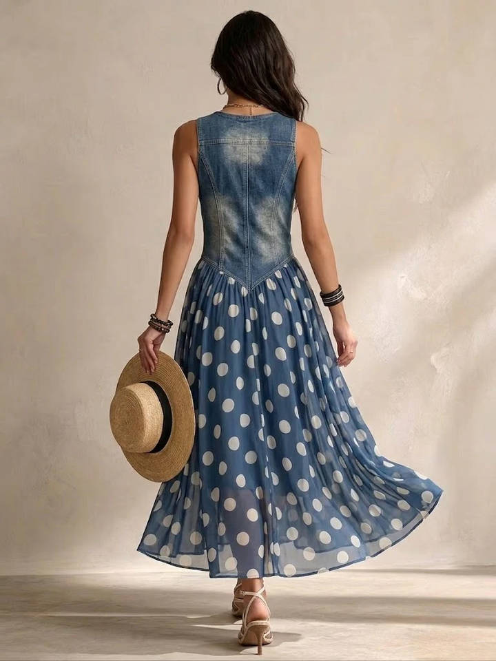 Versatile women's blue denim polka dot sundress. A fashionable sleeveless maxi dress for effortless spring & summer looks.