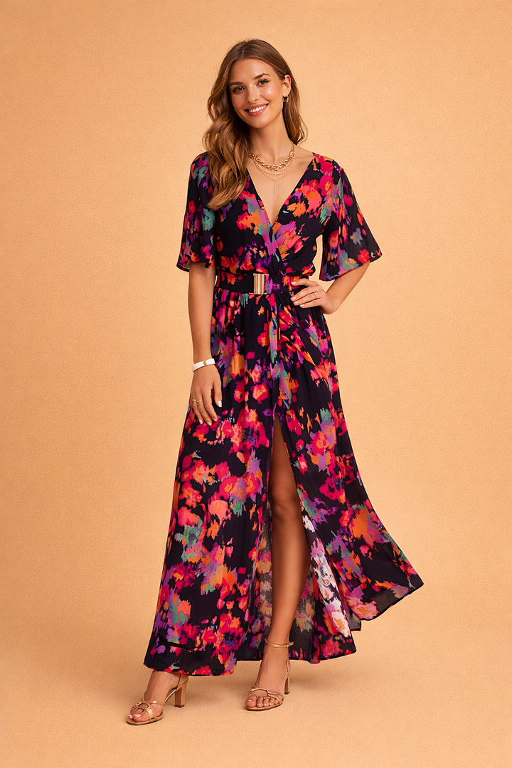 Elegant black wrap maxi dress for women, featuring a stylish front split, perfect for parties & wedding guests.