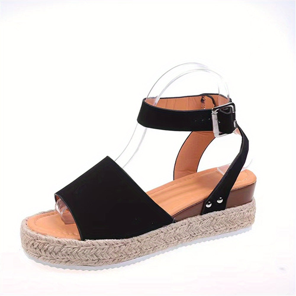 Versatile women's espadrille wedge sandals, ideal summer shoes with secure ankle strap buckle.