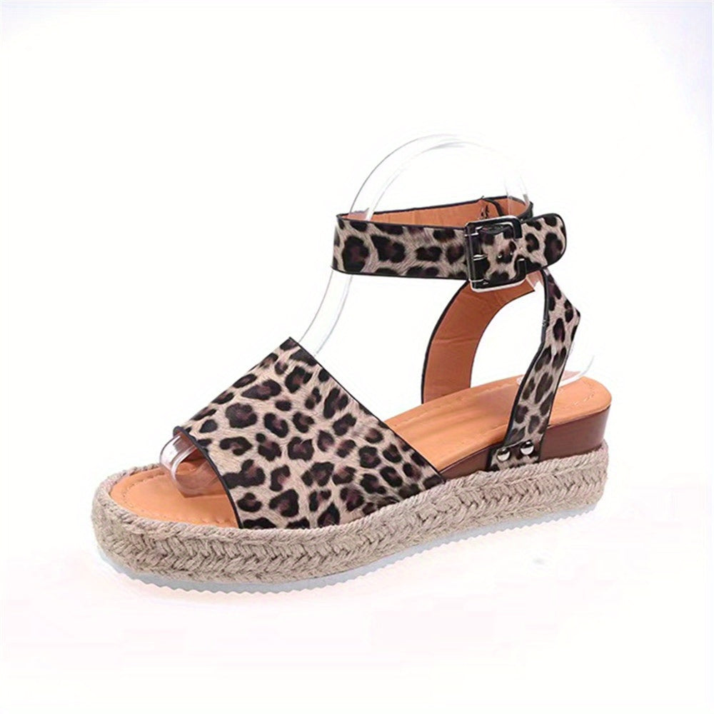 Open-toe espadrille wedge sandals for women, trendy platform design and secure ankle strap closure.