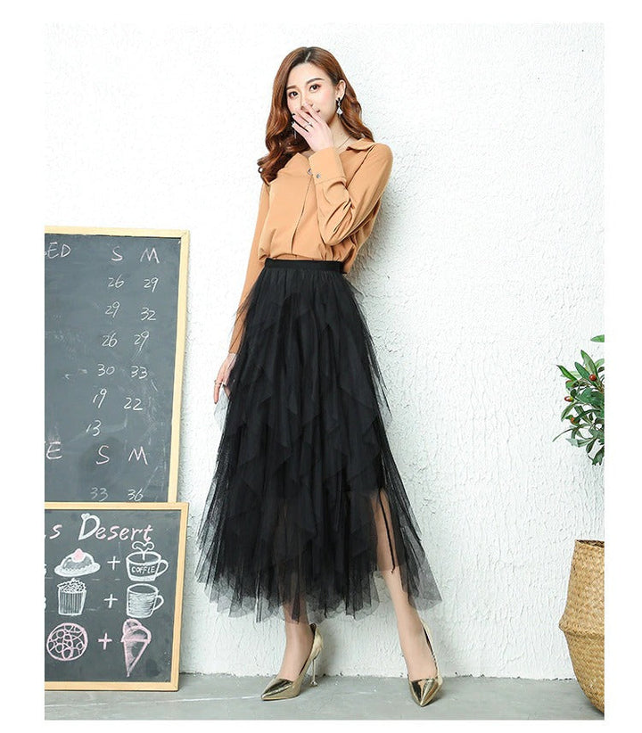 Chic women's high waist midi skirt with flowing tiered ruffles, ideal for versatile wear.