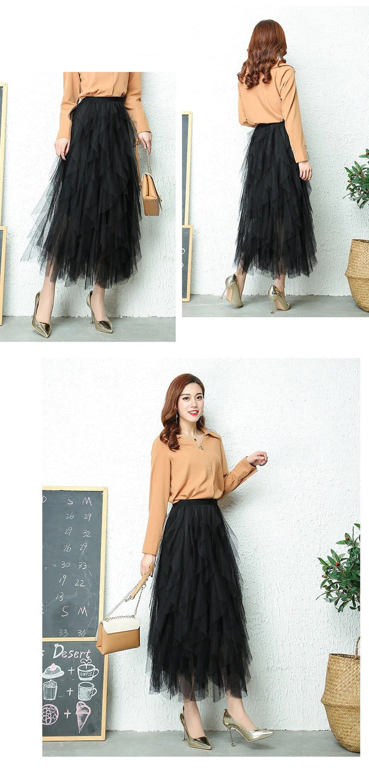 Versatile high waist tiered midi skirt, perfect for day to night elegant fashion.