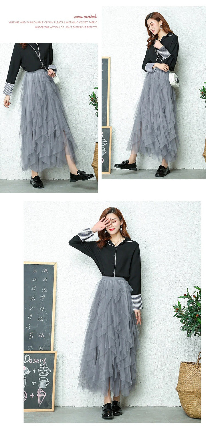 Women's high waist midi skirt featuring charming tiered ruffles and a graceful silhouette.