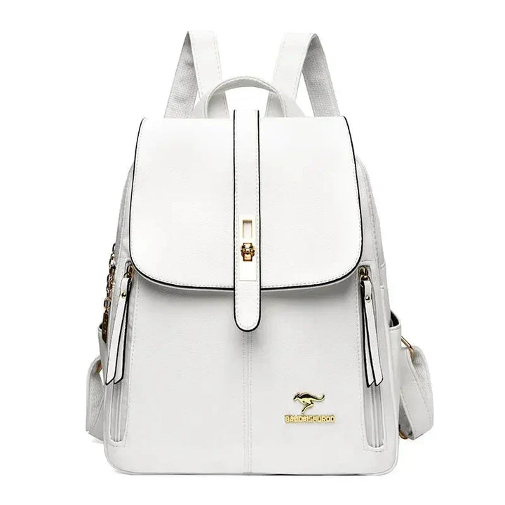 Sleek women's black leather backpack, a stylish accessory for the modern professional. Great for work & travel.