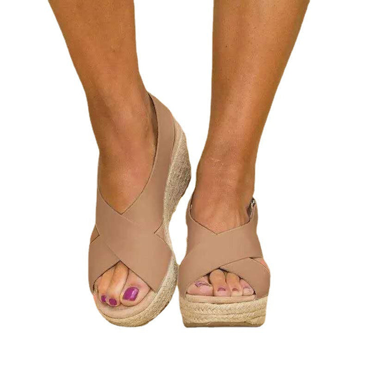 Comfortable open-toe crisscross espadrille wedge sandals for women, great for vacation.
