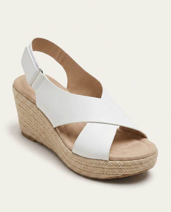 Chic women's summer espadrille wedge sandals with polished crisscross straps, open toe.
