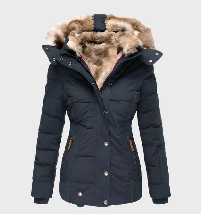 Women's slim fit hooded winter jacket, Aurora brand. Warm, durable outerwear perfect for cold autumn & winter fashion.