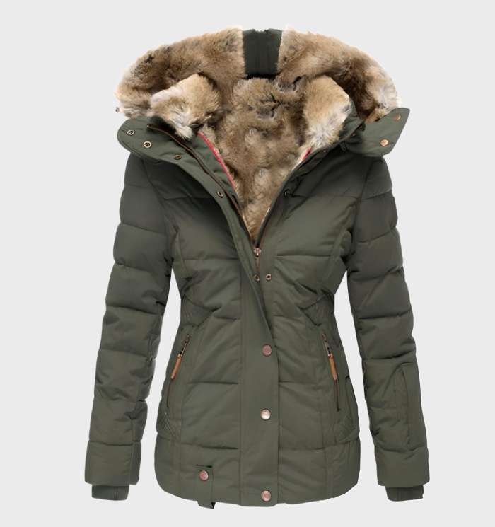 Elegant Aurora women's slim fit winter coat with hood. Fashionable, warm & durable cold weather outerwear for autumn.
