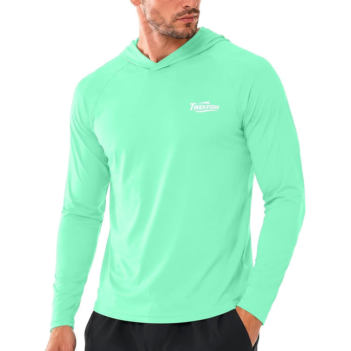 Men's classic green hooded fishing shirt, long sleeve, with UV sun protection for angling & outdoor activities.