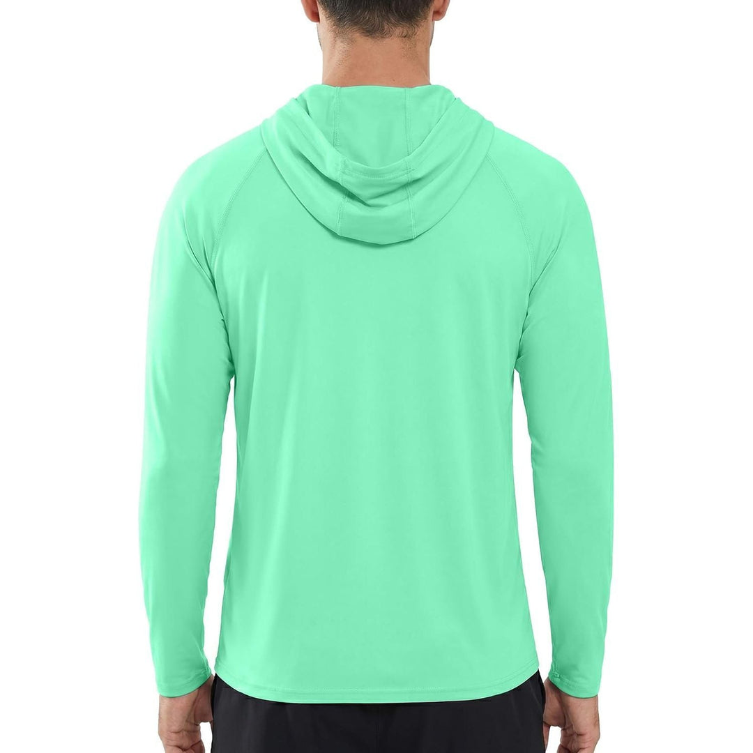 Performance men's long sleeve hooded fishing shirt, green, offering UV sun protection for boating and activewear.