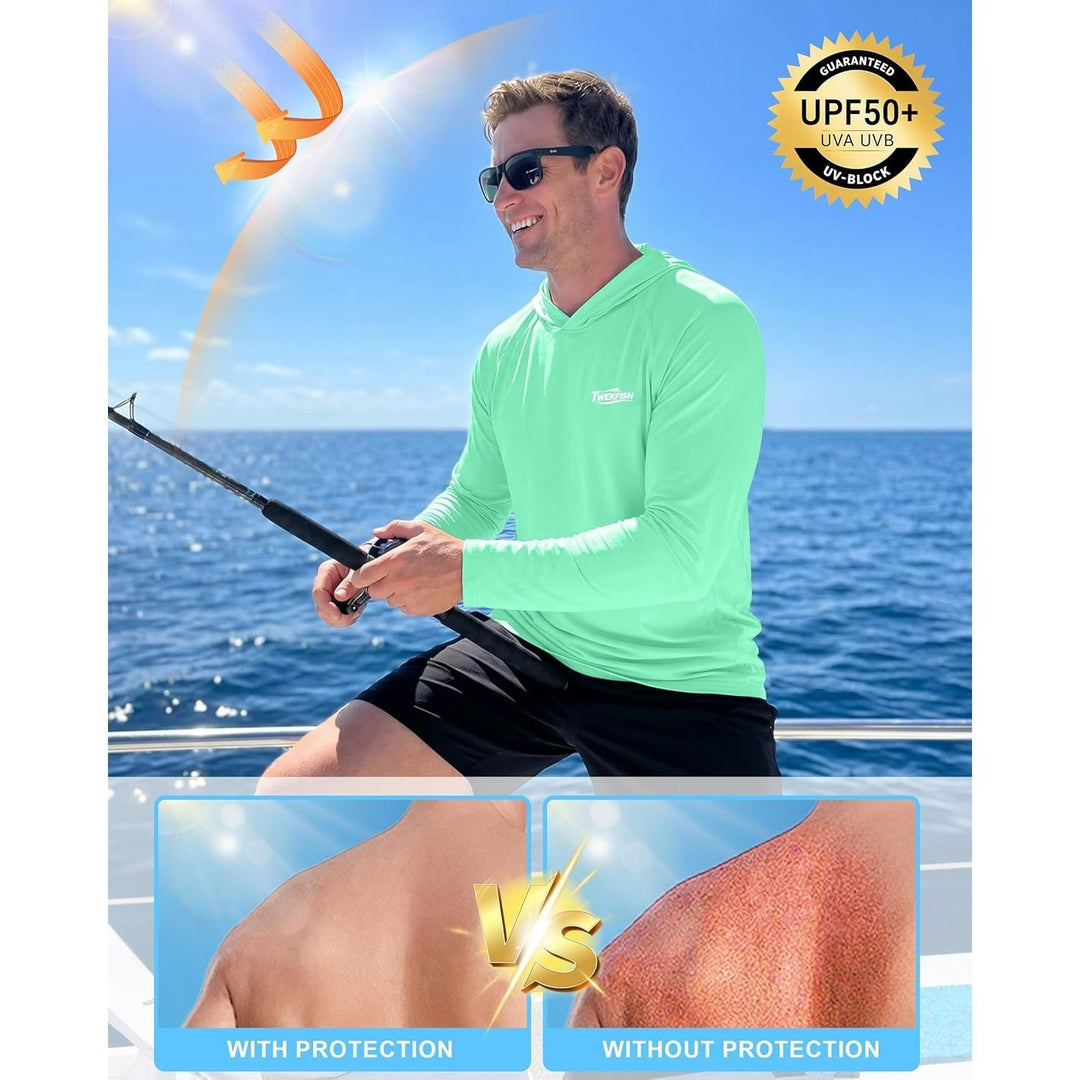 Relaxed fit men's green hooded fishing shirt, long sleeve, ideal for outdoor gear with UV sun protection.