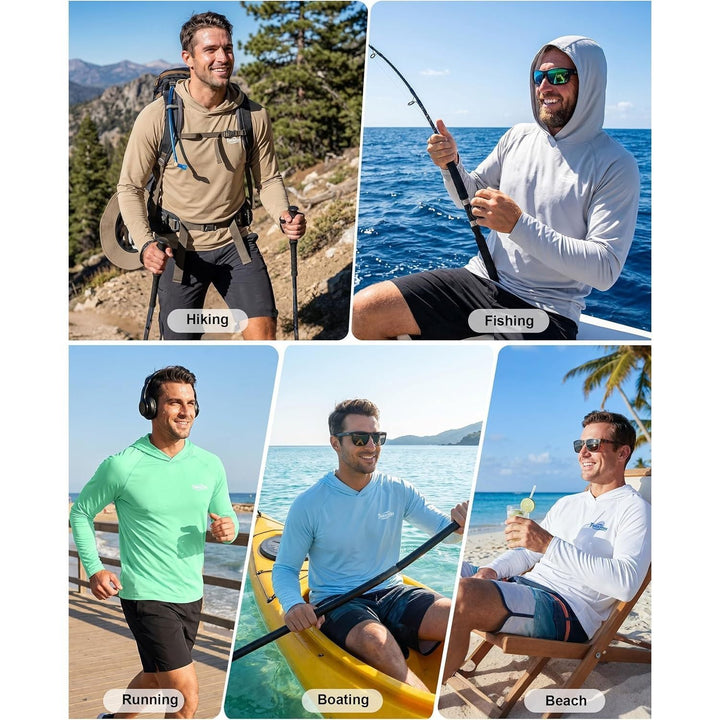 Green hooded men's fishing shirt, long sleeve, providing UV sun protection for all your angling adventures.