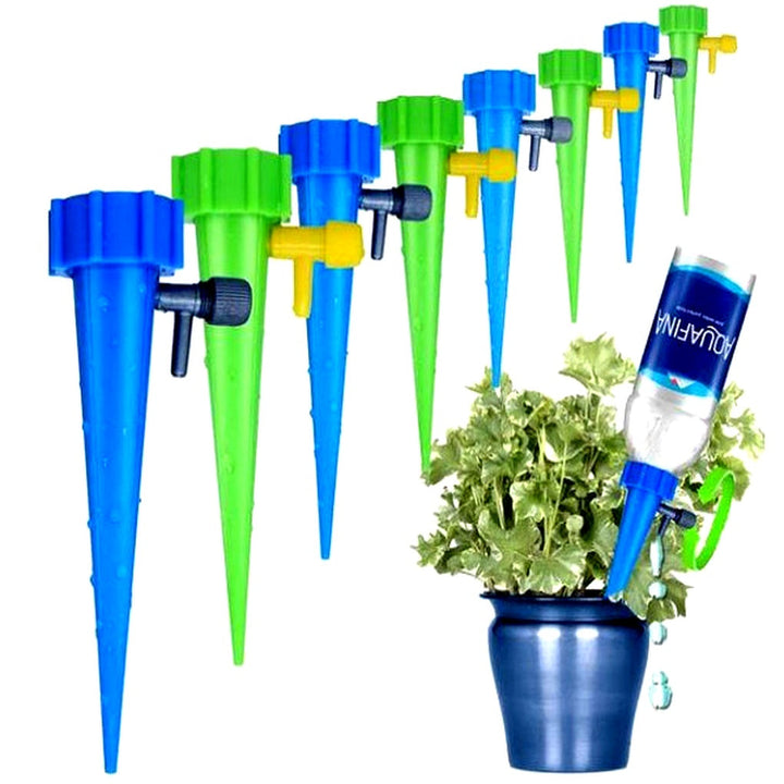 Eco-friendly automatic watering spikes for potted plants, ideal for vacation plant care with adjustable drip.