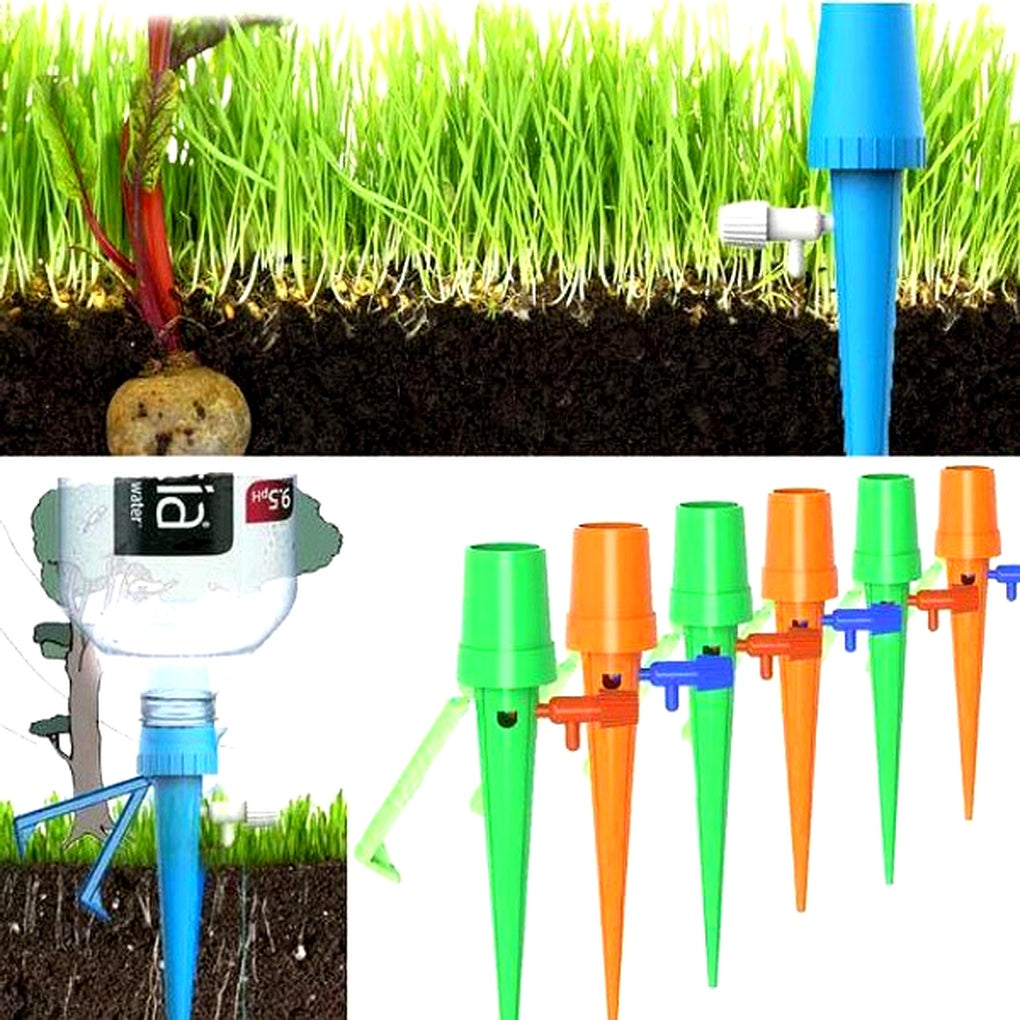 Set of 12 automatic plant watering spikes, an easy garden aid for consistent and adjustable plant hydration.