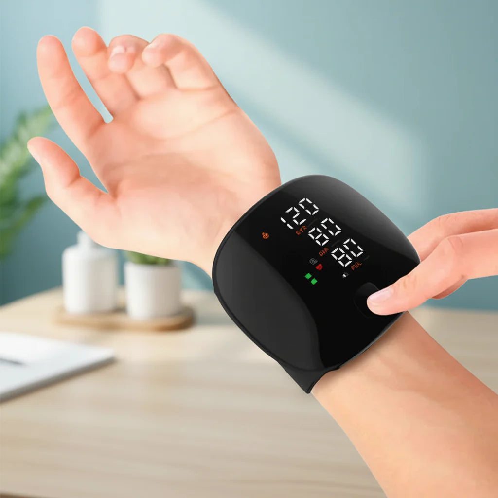 Automatic wrist blood pressure monitor with clear LCD display and voice broadcast feature.