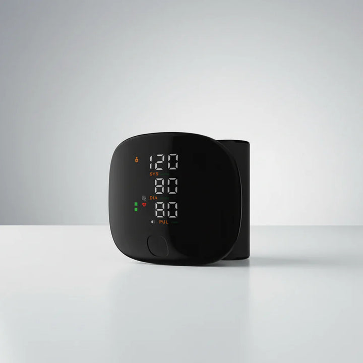 Compact digital wrist blood pressure monitor, perfect for home healthcare and easy health tracking.