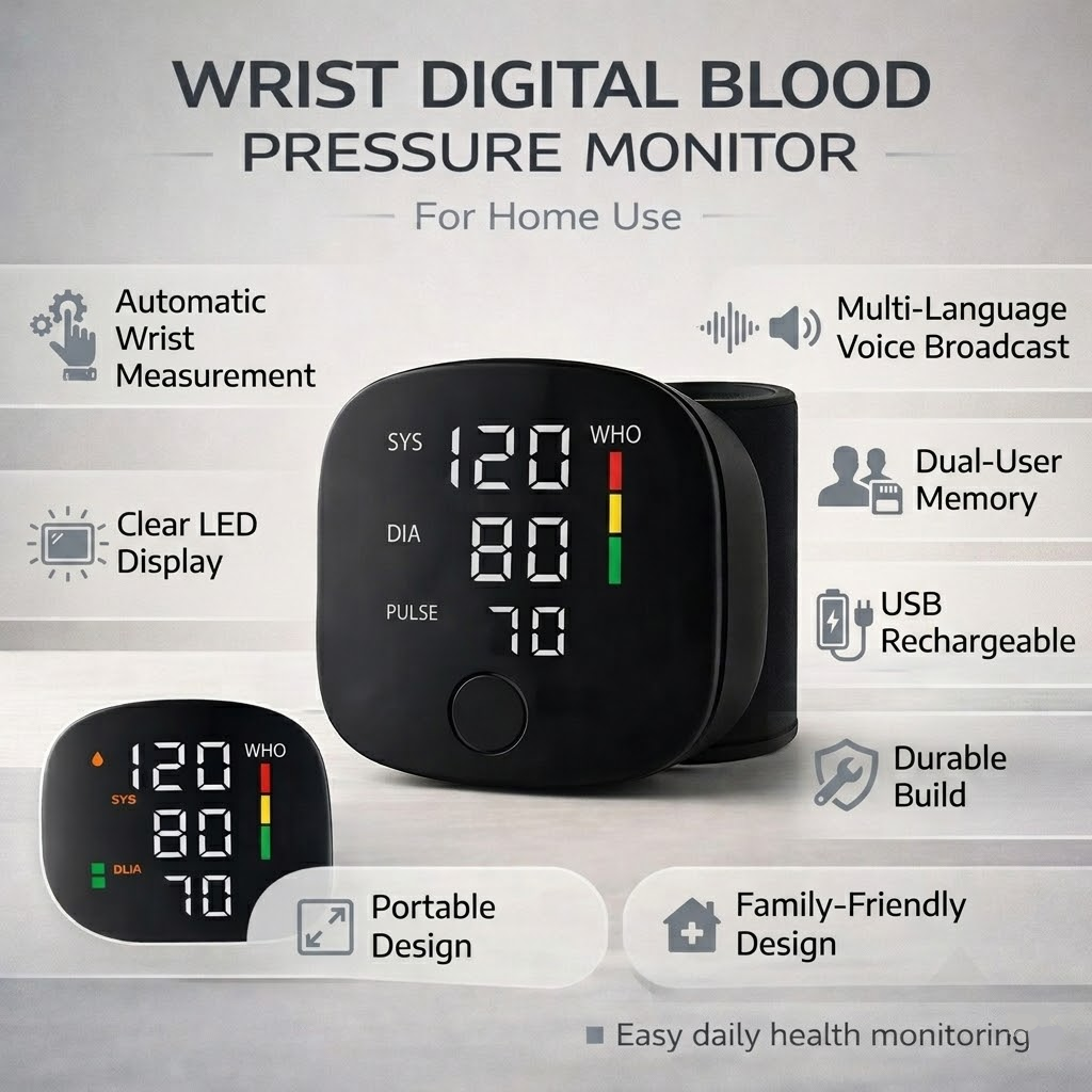 Rechargeable automatic blood pressure monitor for your wrist, offering convenient use.