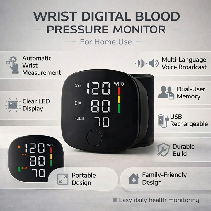 Rechargeable automatic blood pressure monitor for your wrist, offering convenient use.