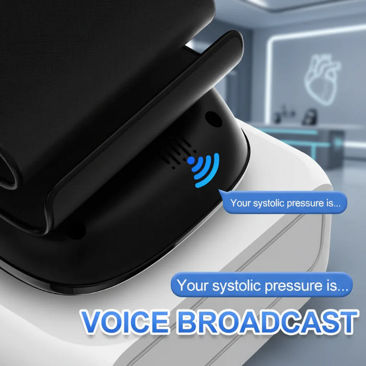 Easy-to-read wrist blood pressure cuff with one-button operation and audible voice results.