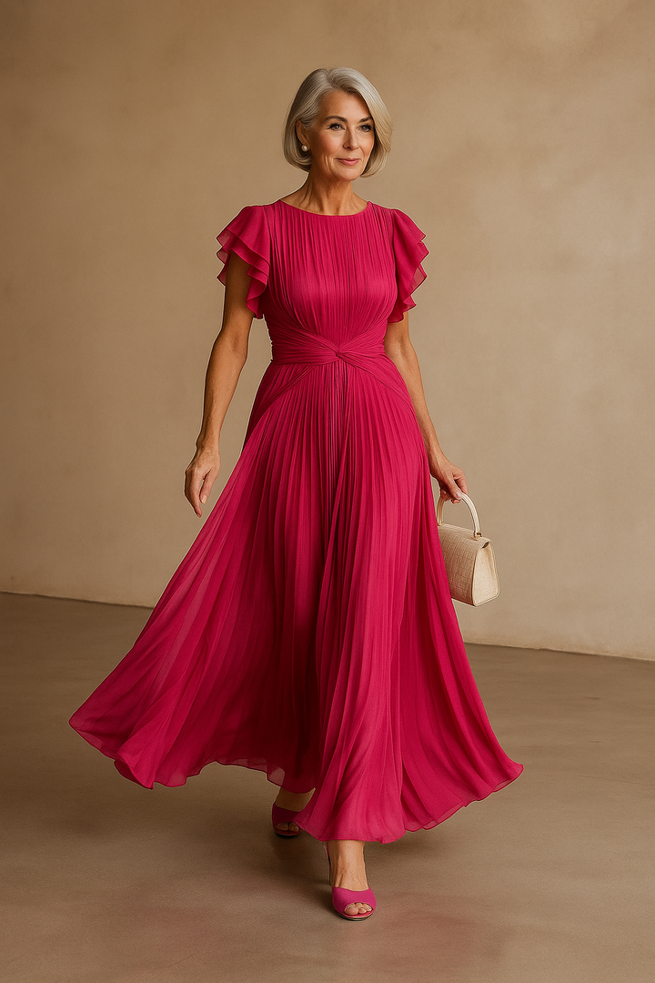 Elegant women's pleated flutter sleeve cocktail dress, perfect for wedding guests & formal occasions.