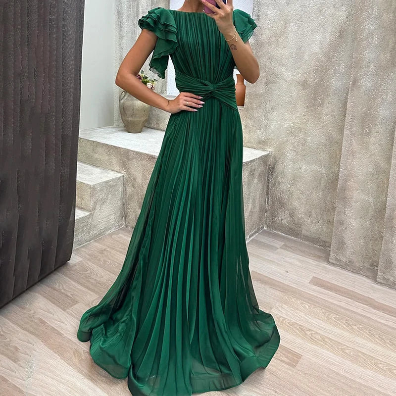 Stylish pleated maxi cocktail dress for women, with elegant flutter sleeves. Perfect for formal wear.