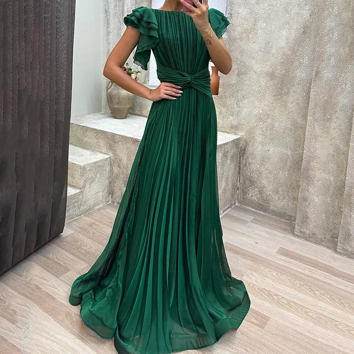 Stylish pleated maxi cocktail dress for women, with elegant flutter sleeves. Perfect for formal wear.