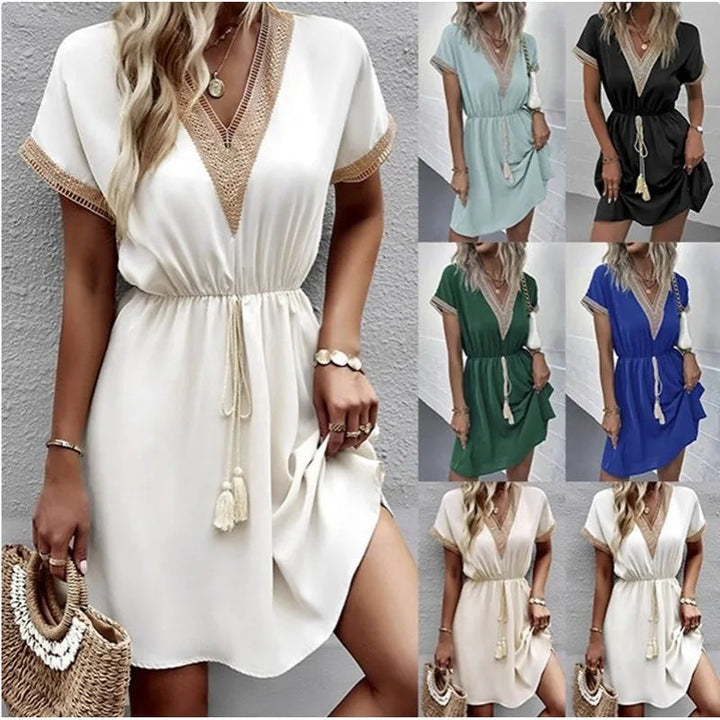Versatile women's casual dress with crochet trim, flutter sleeves, and a flowy fit, perfect for summer.