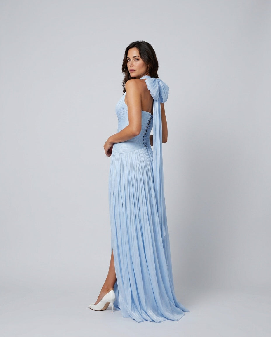 Chic women's formal blue pleated maxi dress with plunging neckline and high slit, perfect for party events.
