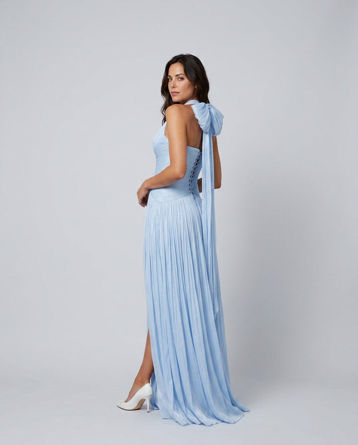 Chic women's formal blue pleated maxi dress with plunging neckline and high slit, perfect for party events.