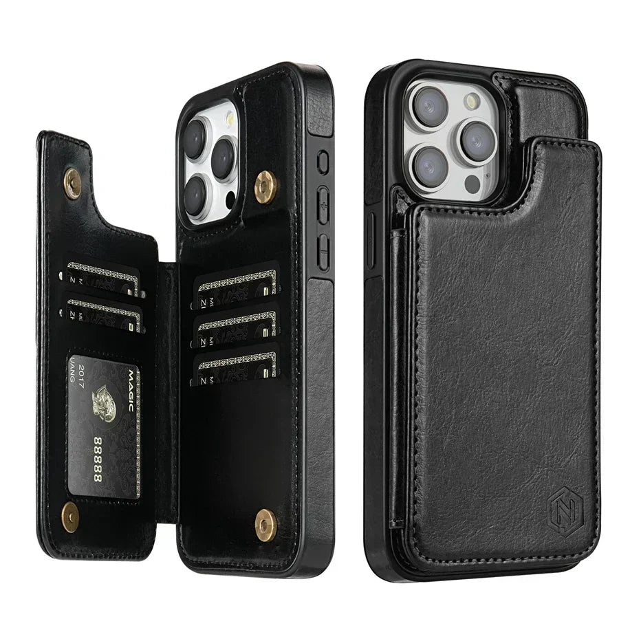 Front view: Premium leather iPhone 15 wallet case, showing card holder & magnetic flap.