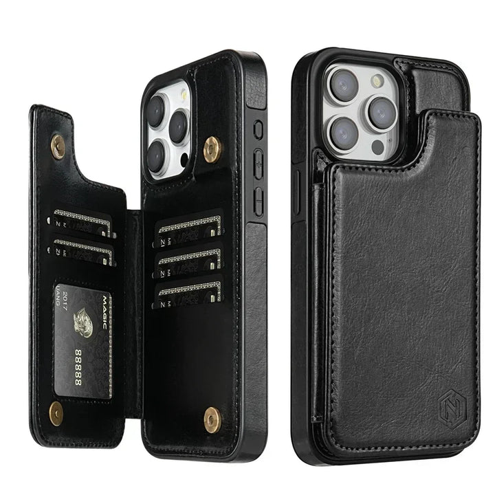 Front view: Premium leather iPhone 15 wallet case, showing card holder & magnetic flap.