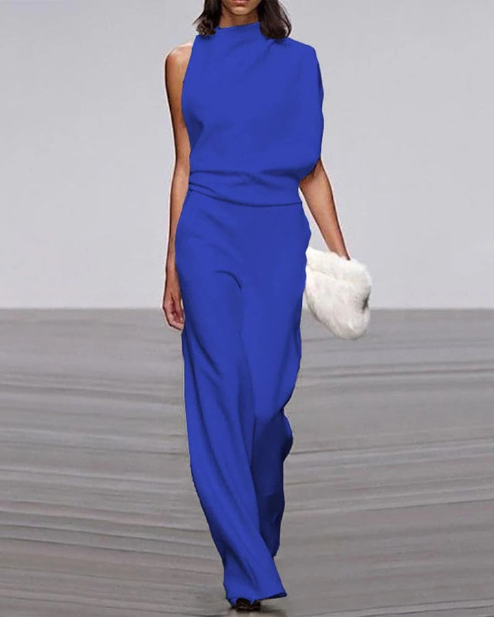 Sleek women's formal wide leg jumpsuit with mock neck & draped detail. Perfect for special occasions.